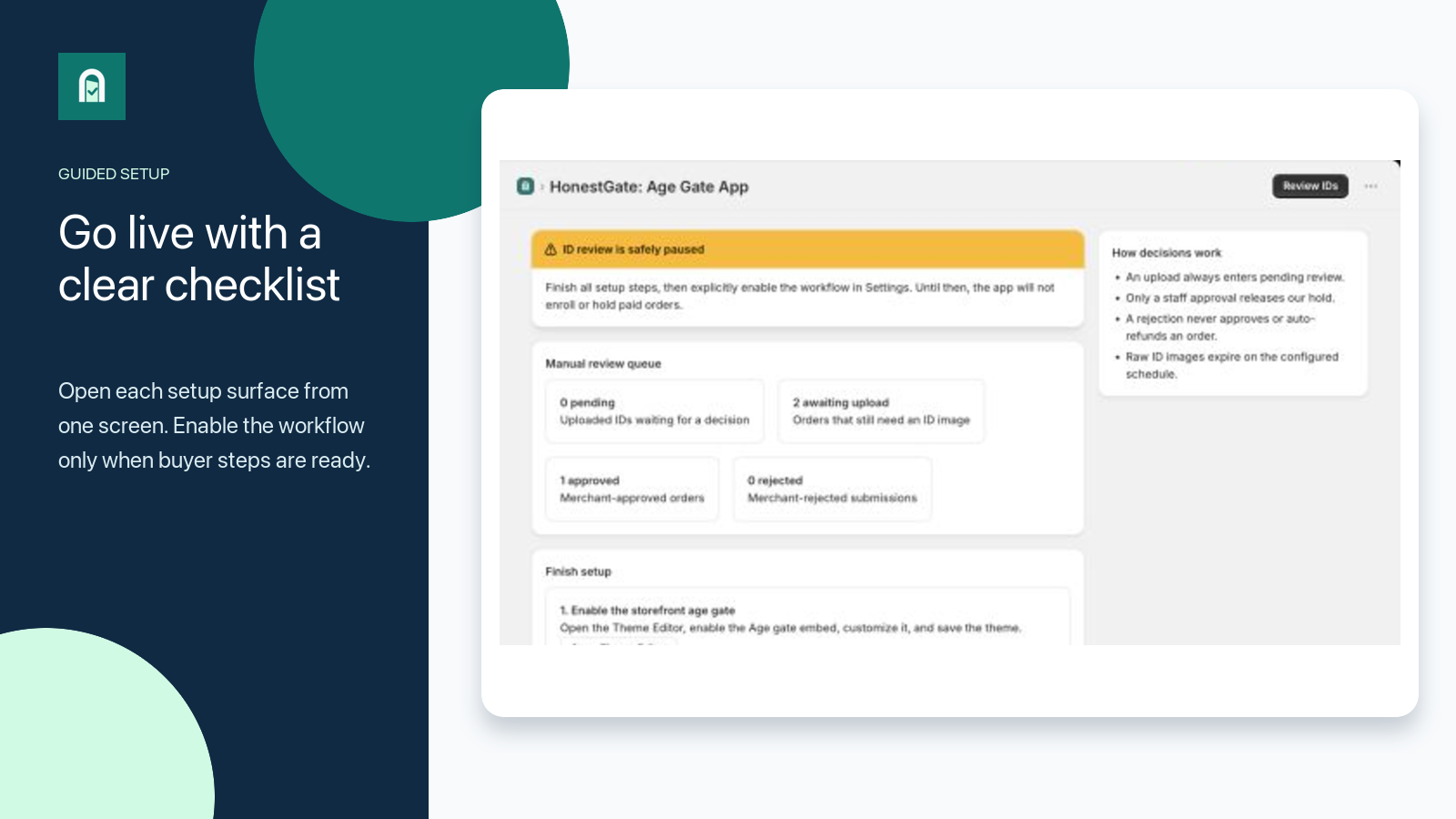 App home with review counts and a guided setup checklist.